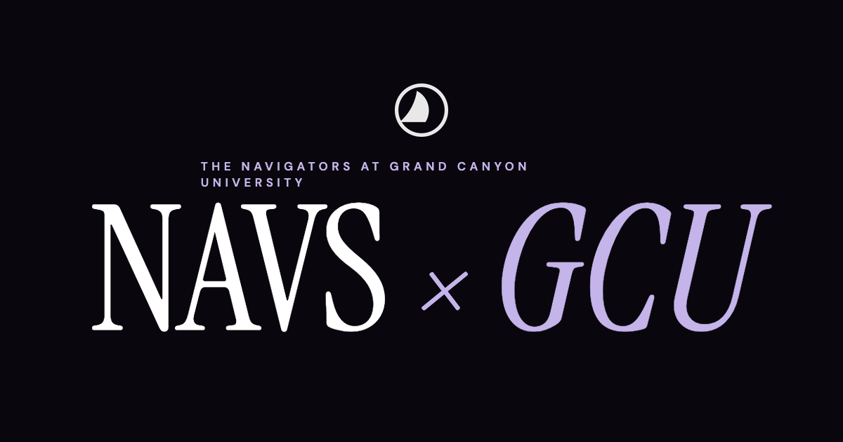 The Navigators at Grand Canyon University social preview card with a sailboat mark and NAVS × GCU lettering in white and lavender on a dark background